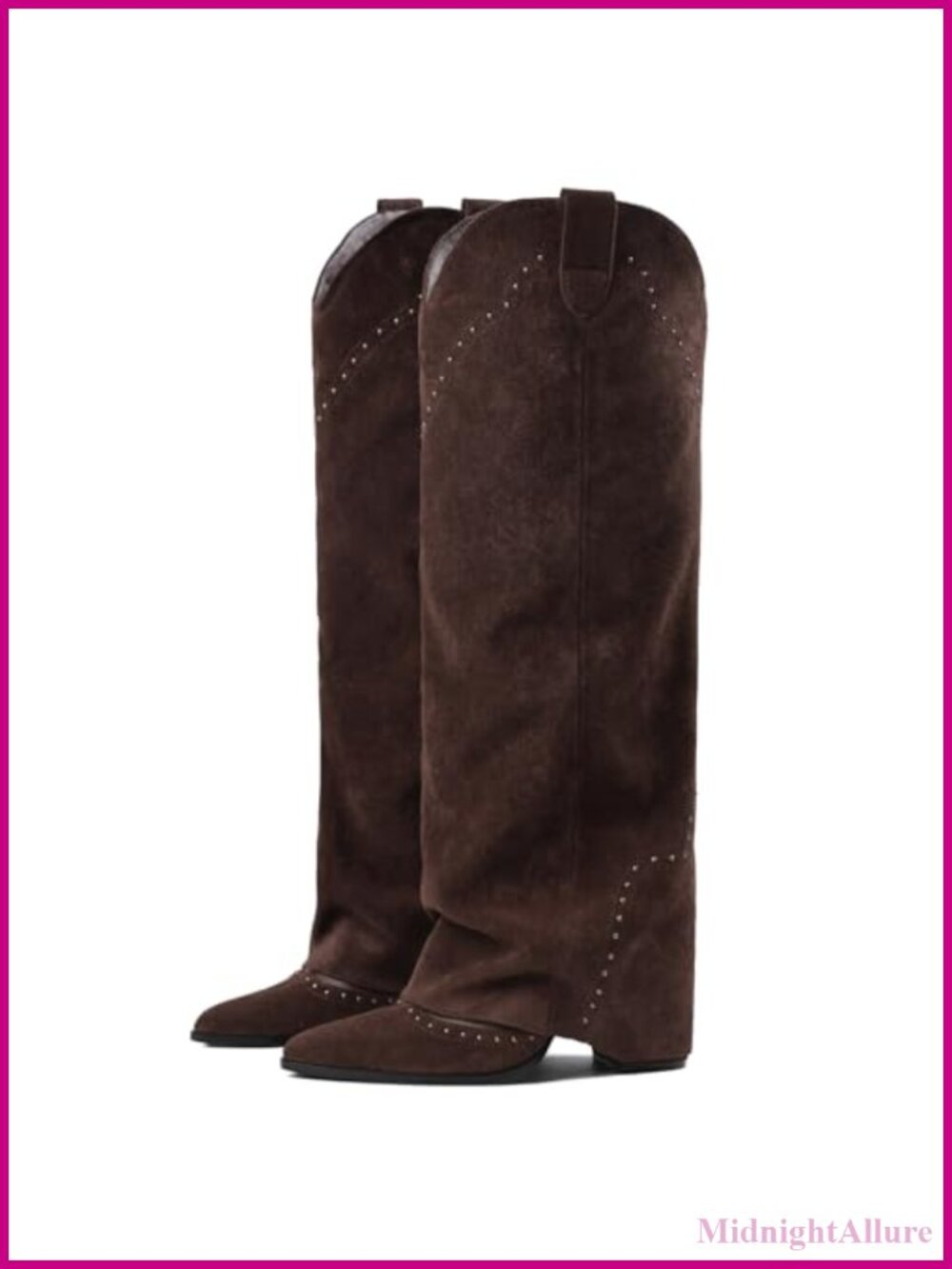 Women's Knee High Cowboy Boots Faux Suede Fold Over Chunky Heel